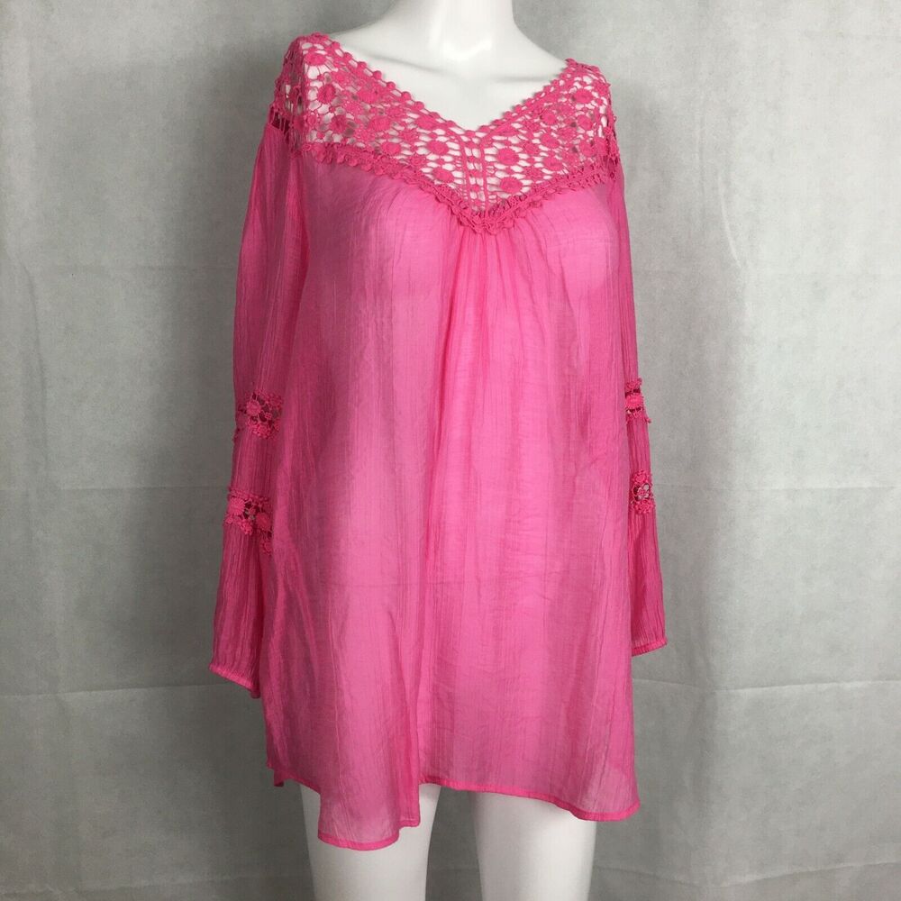 Grand & Greene Shirt Womens Sz L Pink Floral Lace Trim Flowy Semi-Sheer Tunic